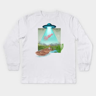 Catfish  alien abduction novelty design . Original artwork. One of a kind ufo cat fishing  squid gag gift 2023 Kids Long Sleeve T-Shirt